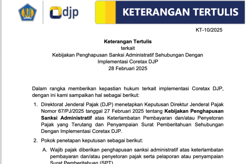 Coretax terkendala, DJP hapus sanksi administratif bagi wajib pajak yang telat bayar atau telat lapor SPT masa Januari-Maret 2025.