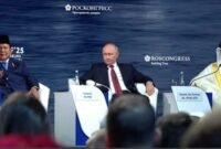 residen Republik Indonesia Prabowo Subianto saat menyampaikan pidato pada sesi pleno St. Petersburg International Economic Forum (SPIEF) 2025 di ExpoForum Convention and Exhibition Centre, St. Petersburg, Rusia, 