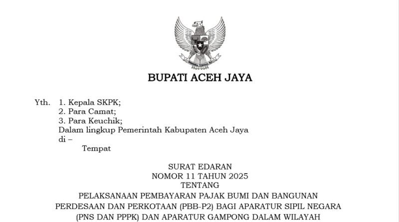 Surat Edaran Bupati Aceh Jaya Terkait Himbauan Pajak Bumi dan Bangunan